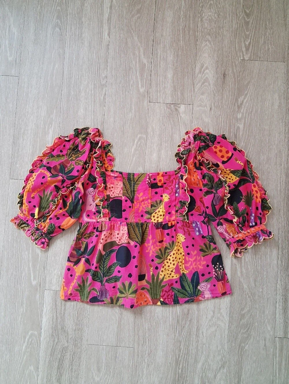 Farm Rio Pop Leopards Square Neck Puff Sleeve Blouse